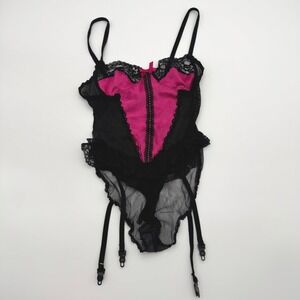 Vintage Nan Flower Pink Satin Black Lace‎ Teddy Bodysuit Garter Straps Small USA